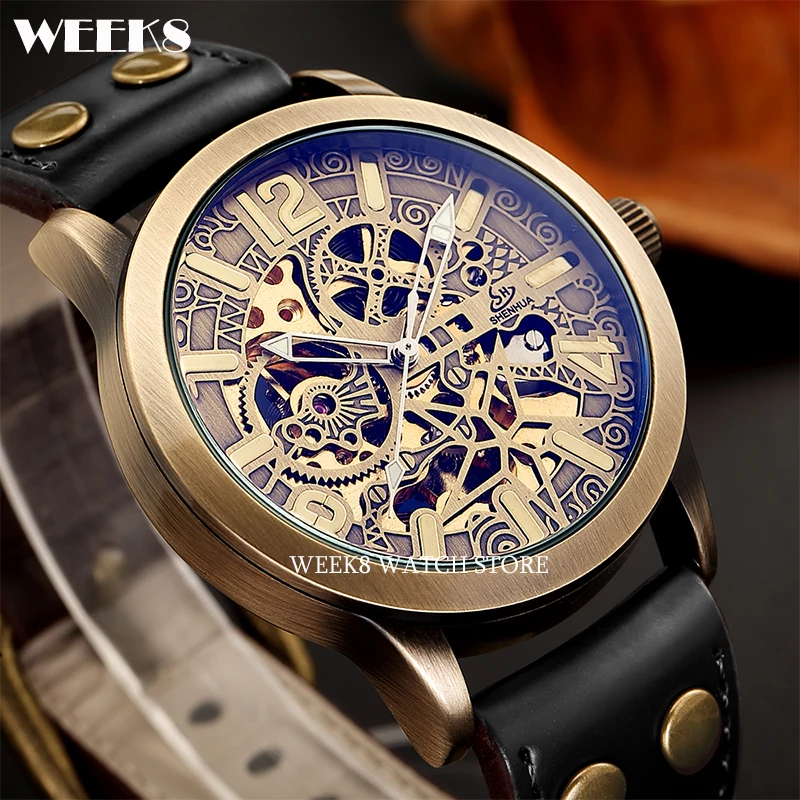 Vintage Men Automatic Mechanical Watch Bronze Case Gold Skeleton Dial Steampunk Leather Self Winding Male Mens Wristwatch Clock 