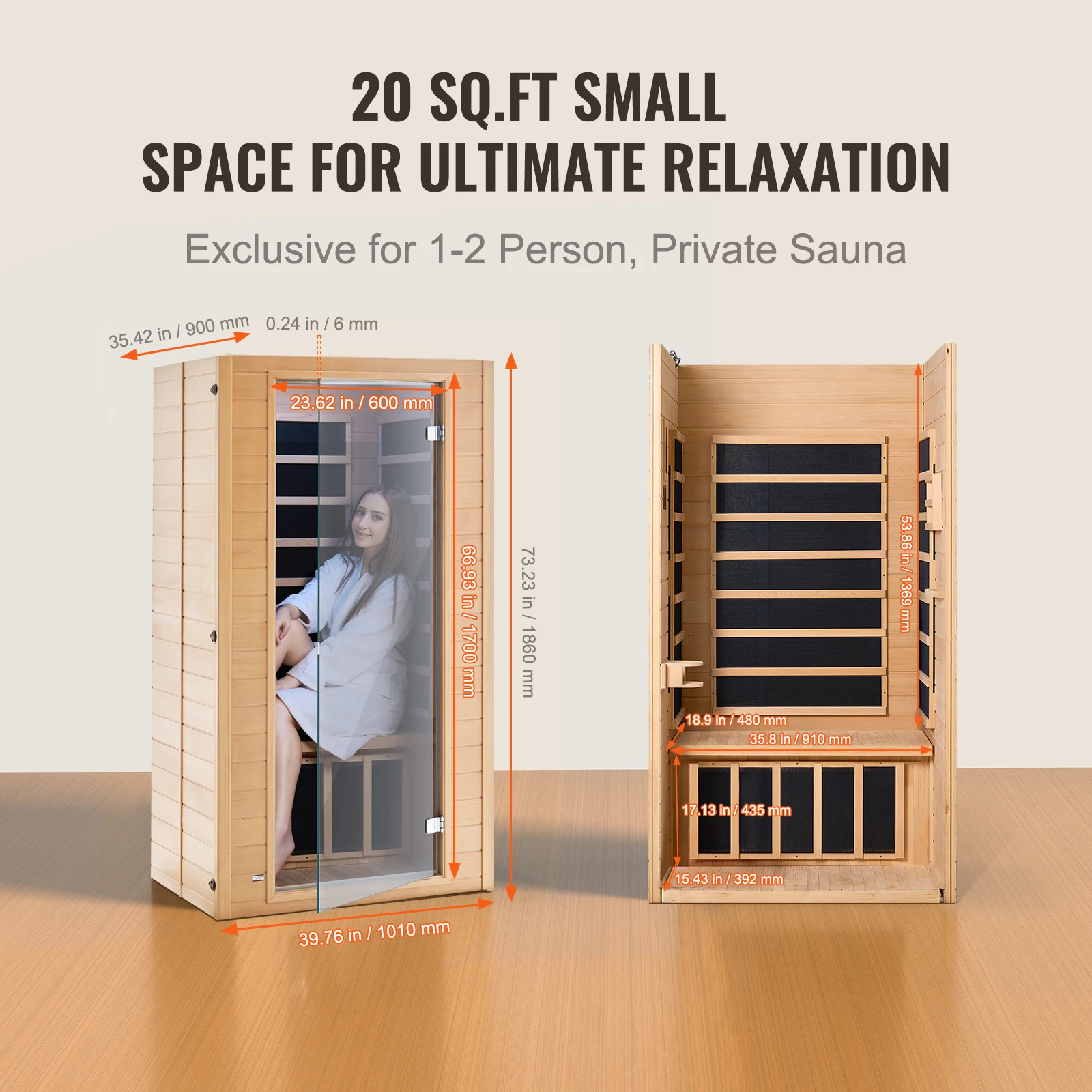 VEVOR Far Infrared Wooden Sauna Room Home Sauna Spa for Person Low EMF Far Infrared Hemlock Wood Sauna with Tempered Glass Door 6