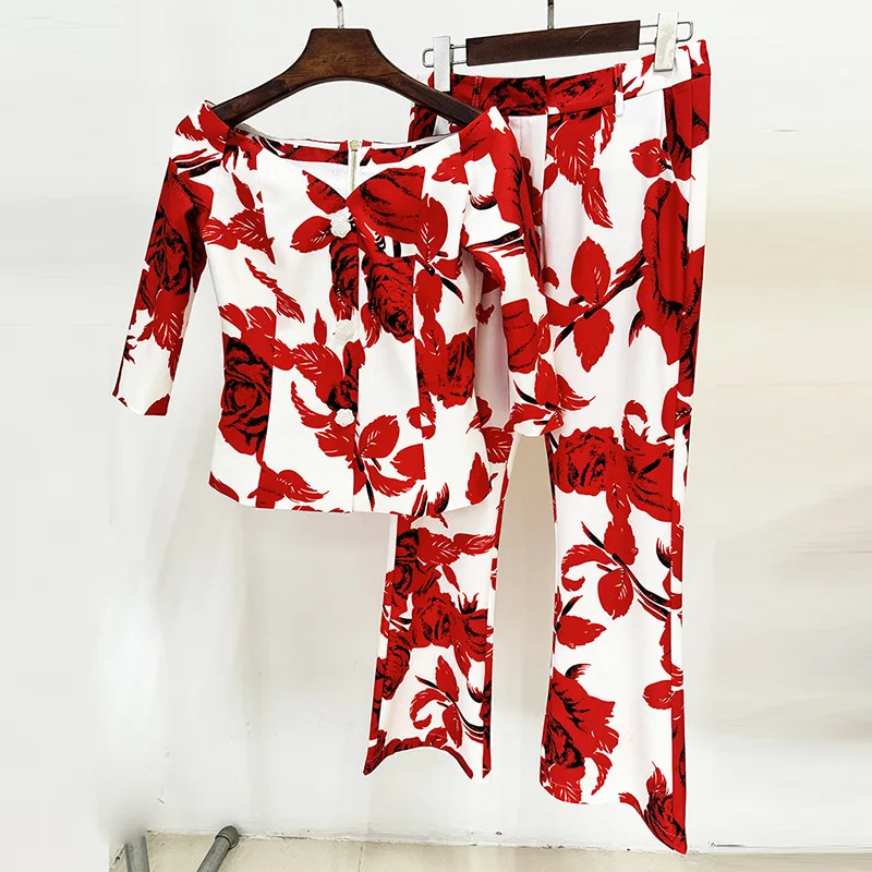 odoodem womens fashion off shoulder floral print 3/4 sleeve 3D rose top cropped straight pants outfits