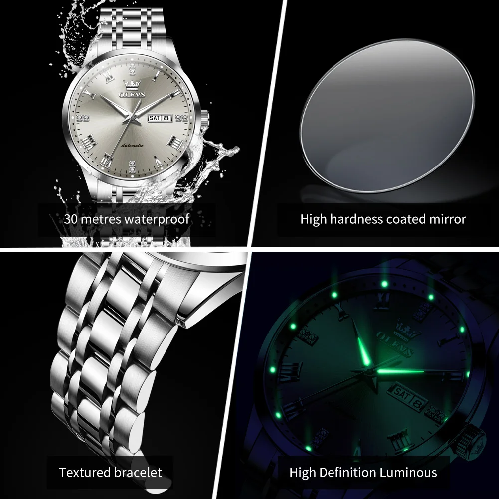 OLEVS 7062 Business Men's Watches Waterproof Weekly Calendar Automatic Mechanical Watch Waterproof Stainless Steel Roman Scale 5