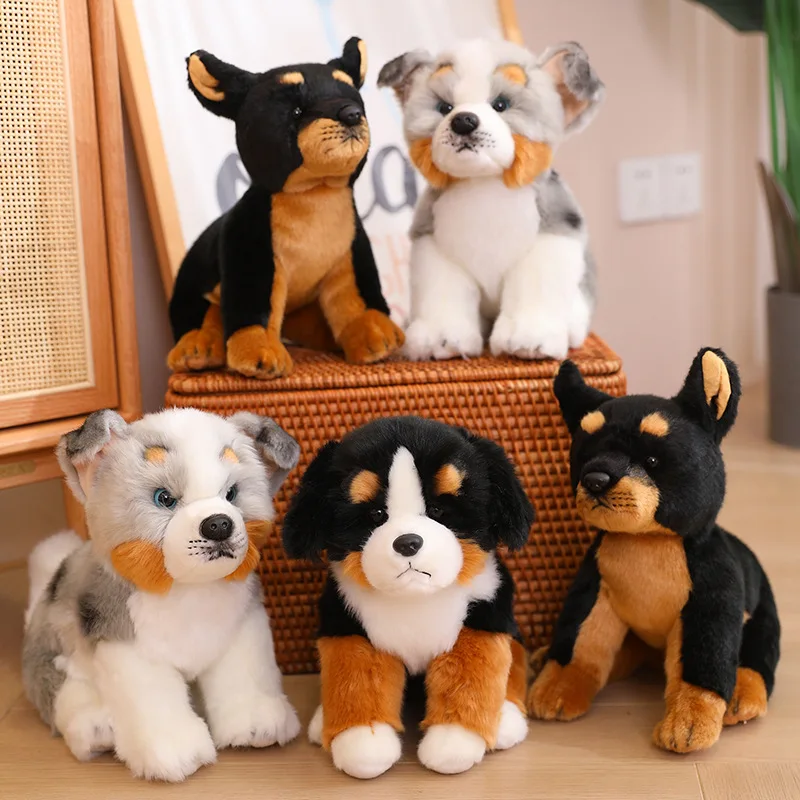 Simulation Fluffy Dog Plush Toy Real Life Stuffed Animal Puppy Dingoes Doberman Bernese Mountain Plushies Doll Soft Kids Toys