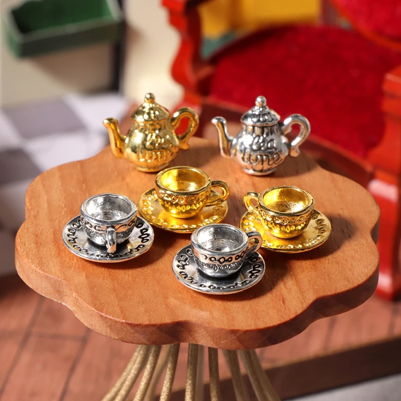 

1Set 1:12 Dollhouse Miniature Teapot Cup Saucer Metal Tea Set Dining Table Model Decor Toy Doll House Accessories