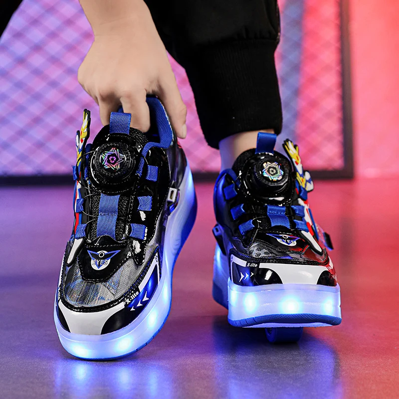 Kids Shoes Boys' sneakers rotating button cartoon usb charging bright light roller skating rampage shoes elementary school children's shoes red sneakers