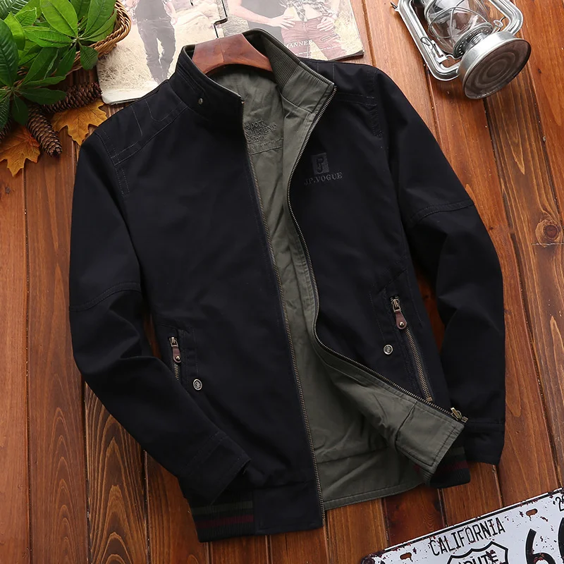 

Autumn Jacket Men Military Casual Stand Collar Double Sides Wear Coat Cotton Breathable Windbreaker Chaquetas Hombre