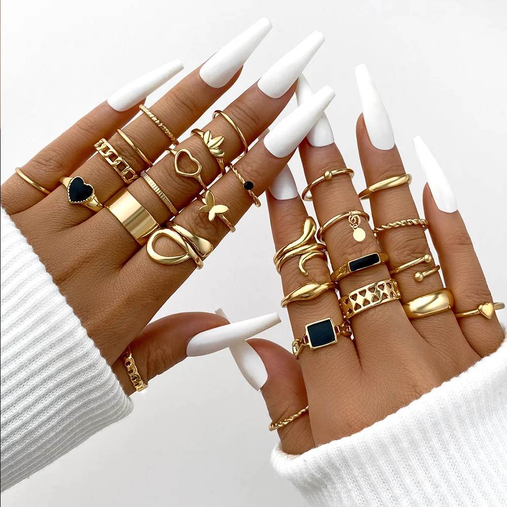 S6d7c916cca634aa9a92a916a9debe725U 17KM Metal Gold Color Rings Set Twist Hollow Rings for Women Pearl Vintage Butterfly Rings Geometric Trendy Jewelry Accessories