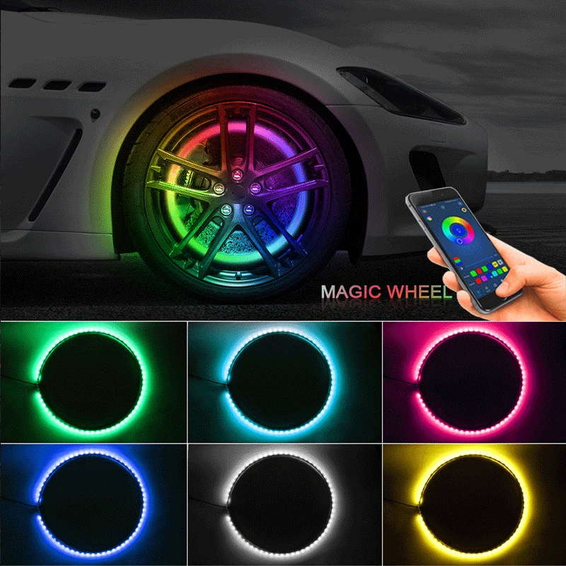 4pcs Car Hub Light LED APP/Remote Control RGB Wheel Tire Rim Light  Waterproof Adjustable Wheel Ring Colorful Auto Decor LED Lamp