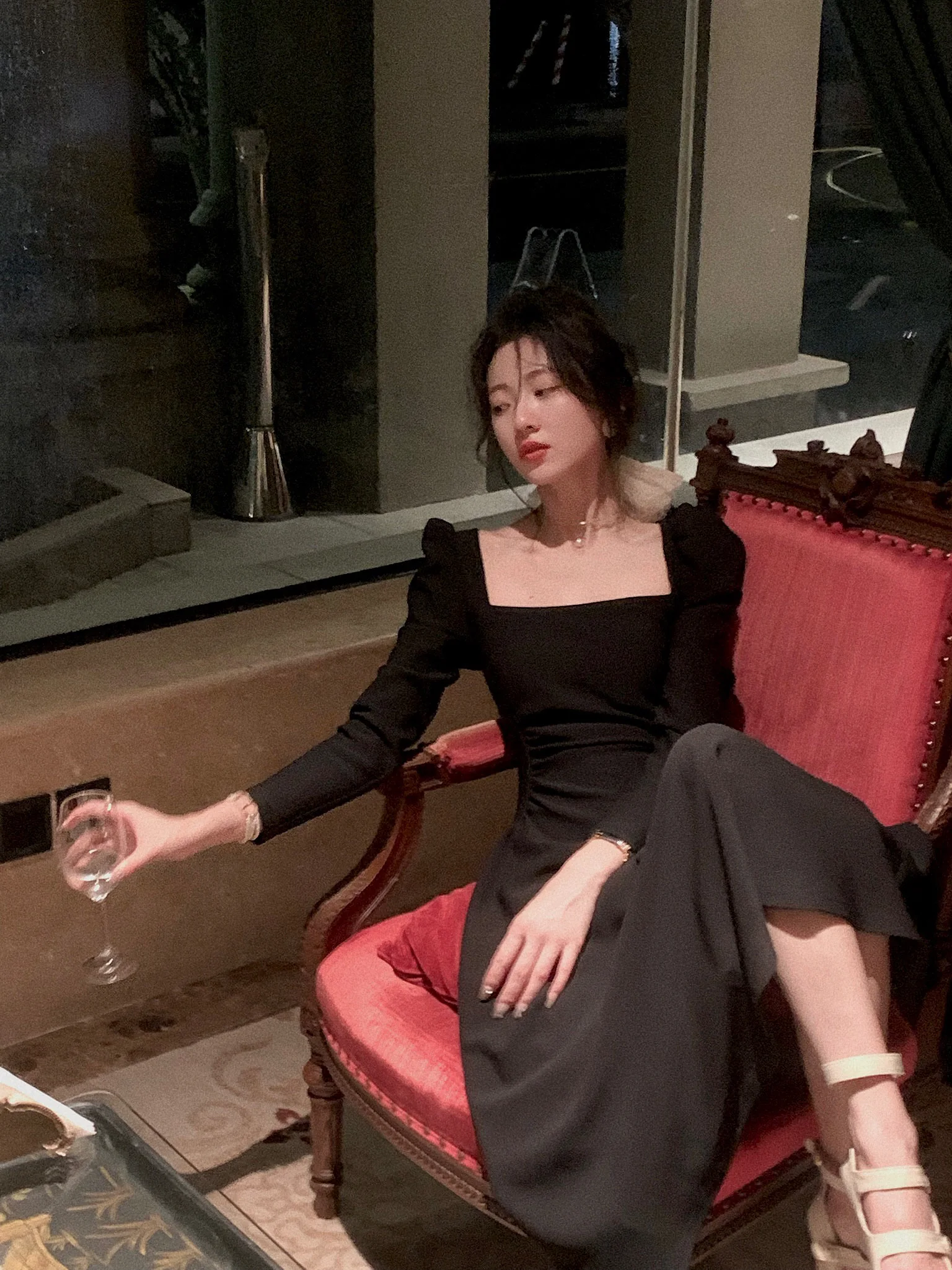 Spring New Elegant Square Collar Midi Party Dresses for Women Long Sleeve Black White Slim Vestidos Female High Waist Clothes