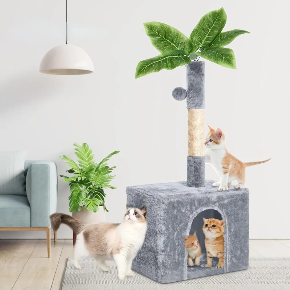 

Cat Tree House, Plush Interior Plant Design Cat Apartment Cat Grab Pillar and Hanging Ball, Gray Pet Apartment