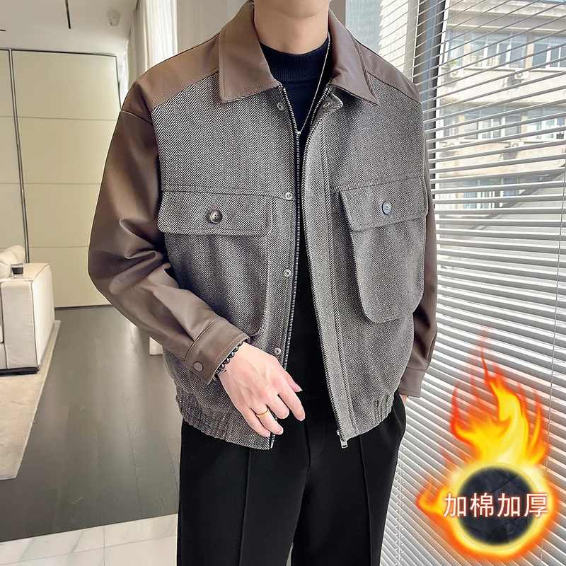 

Men's Fashion Street Style Wool Jacket 2023 Men's Patchwork Cotton Thickened Large Pocket Jacket Men Slim-fit Casual Club Jacket