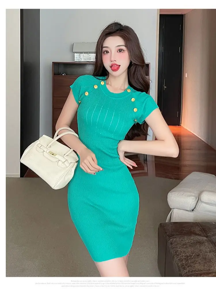 

Простые вязаные мини-платья для девочек, с круглым вырезом, на пуговицах, с коротким рукавом, на весну и лето