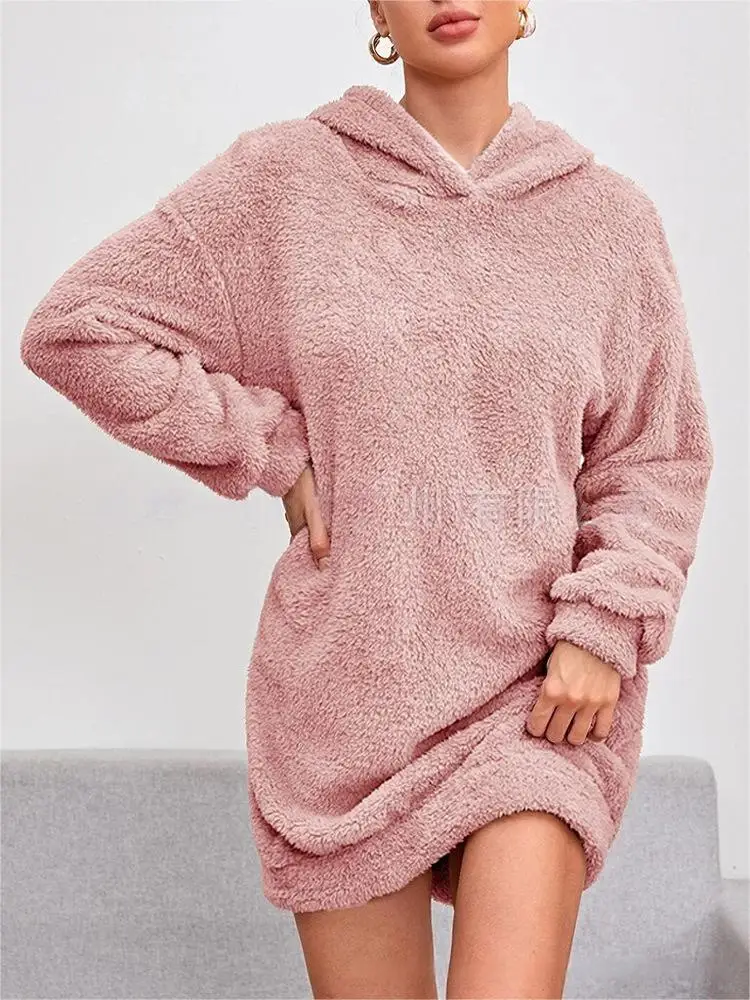 

Hooded woolen sweater jacket 2023 Autumn and Winter Europe and America new solid color warm pullover long women's clothing