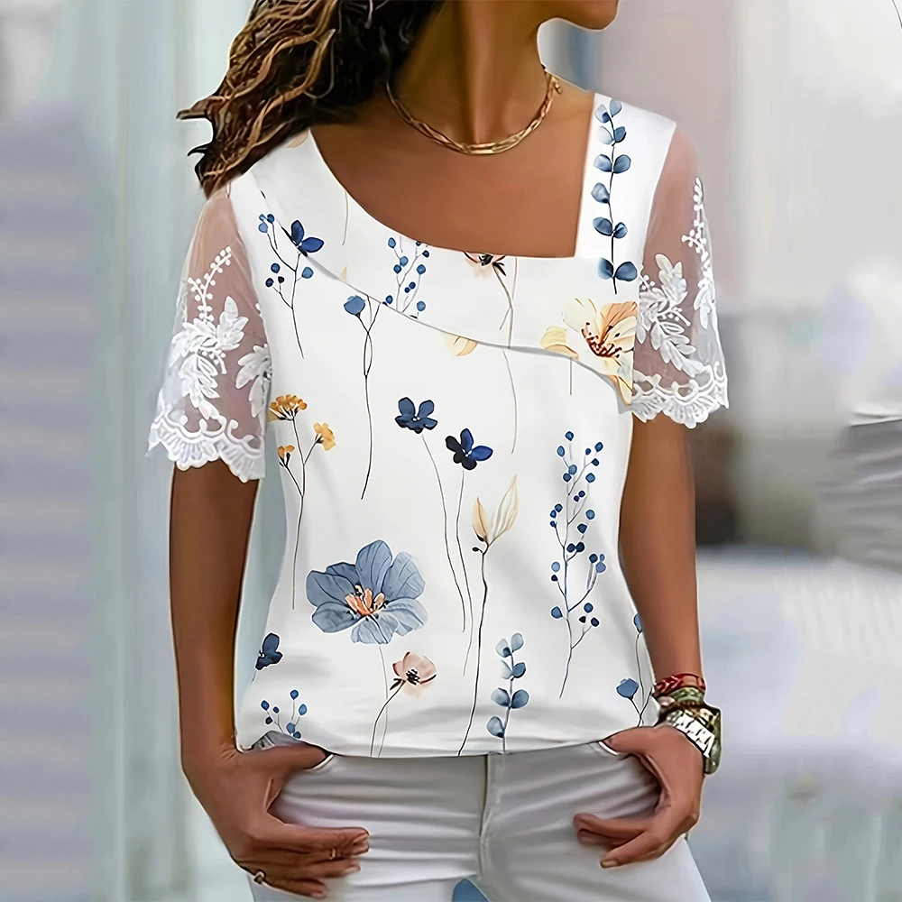 Fashion White Lace Short Sleeve Tops And Blouses Women 2024 Summer Casual Floral Print Buttons Office Blouse Top Femme Shirt