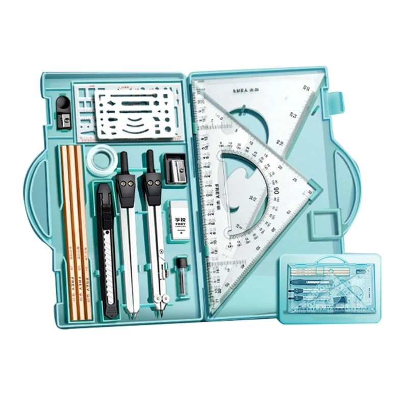 18Pcs 기하학 세트 드로잉 템플릿 나침반, 비산 방지 보관 상자 그리기 도구, 제도 세트가있는 각도기 세트