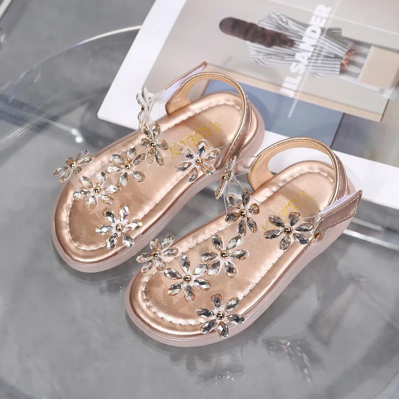 Baby Girl Sandals Crystal Bling Diamond Flower Princess Dance Shoes Summer Small Big Kids Party Shoes 1-3-4-6-7-12 Years Old