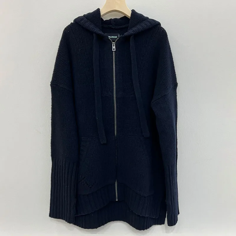 

Zadig Women Casual Sweater Fashion Letter Embroidered Zippered Jumpers Tops Female Wool Winter Warm Navy Blue Hooded Sweaters