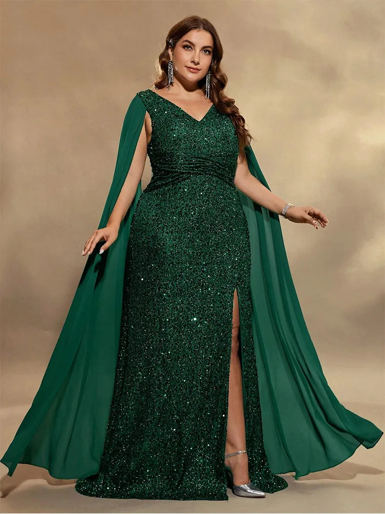 

S-7xl Plus Size V-Neck Sleeveless Chiffon Cape Sequin Floor-Length Evening Dress 5xl6xl Luxury Multi-Color Evening Dress