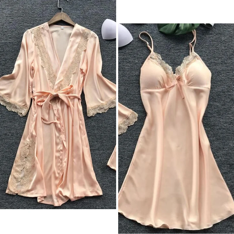 Summer Fashion Pajama Belt Underwear Lace Sexy Solid Embroidered Flower Hanging Pajamas Paired with Outer Robe Pajama Set