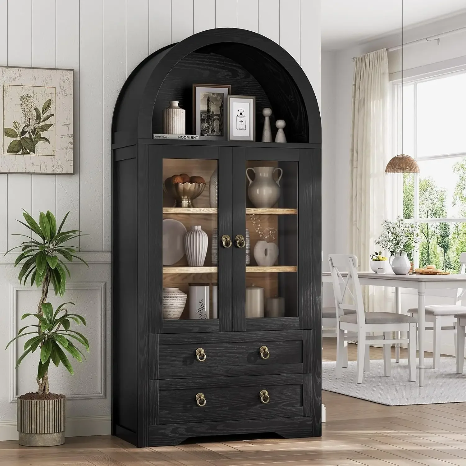 NEW-Kitchen Pantry Cabinet, Arched Bookshelf Bookcase China Pantry Storage Cabinet with Drawers Doors and Shelves,71“