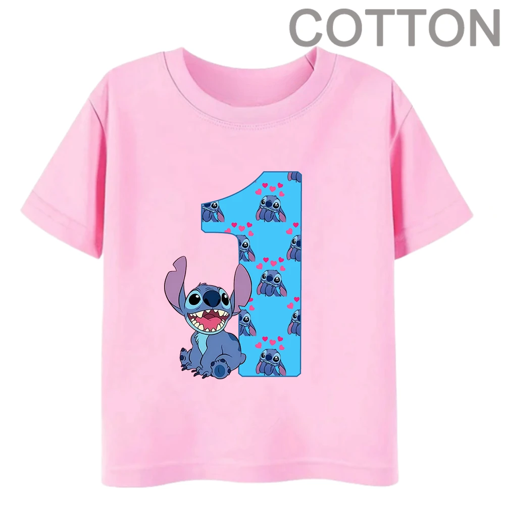 thumbnail image 1 of Camiseta de algodón para niños de Disney con combinación de nombre y dígitos 1, 2, 3 y 4 de PINK Stitch, dibujos animados Kawaii, informal, para niñas y niños, estilo Harajuku, 1 of 4