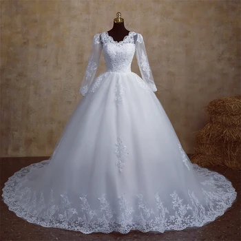 Y&M V Neck Full Sleeve Customized Plus Size Vestido De Noiva 2025 Wedding Dress Long Train or Floor Appliqe Bridal Tulle Mariage
