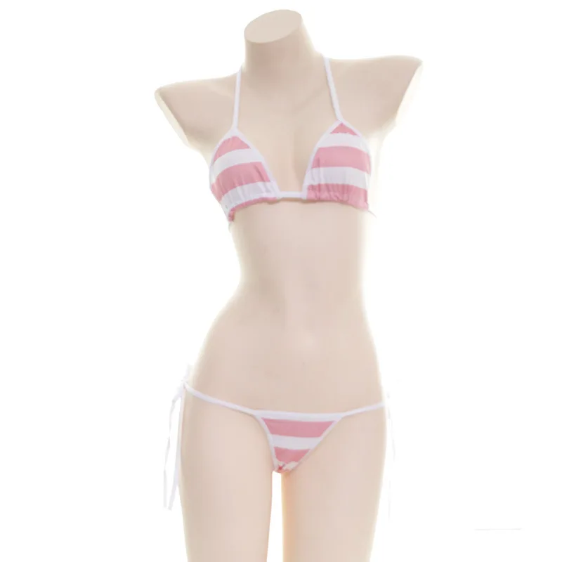 2025 Striped Halter Micro Bikini Set Lolita Kawaii Swimsuit Backless String Tied Bathing Suit