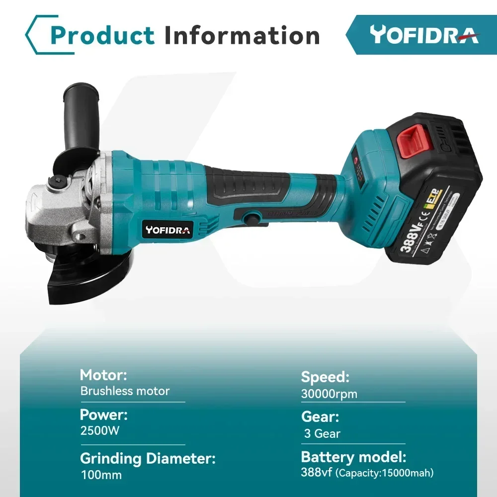 100mm Brushless Angle Grinder 3 Gears Cordless Cutting Polishing Woodworking Power Tools For 18V-21V Battery Electric Angle Grinder Electric Grinder
