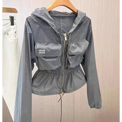 Short windbreaker coat hooded women's spring and summer new fashion printed letters trend tooling wind slim.