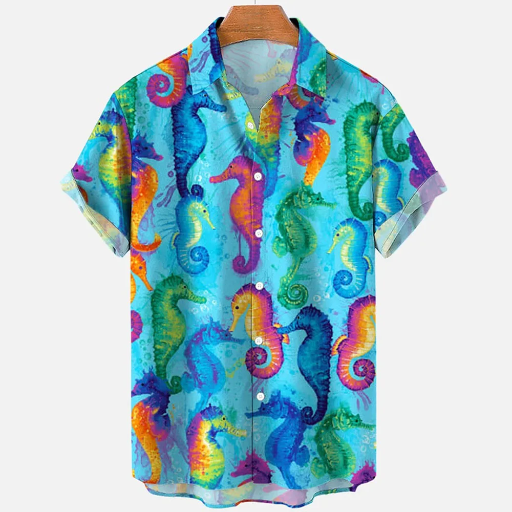 2024 Summer Men's Shirts Sea Animals Seahorse Fish 3d Loose Hawaiian Casual Short Sleeve Tops 4