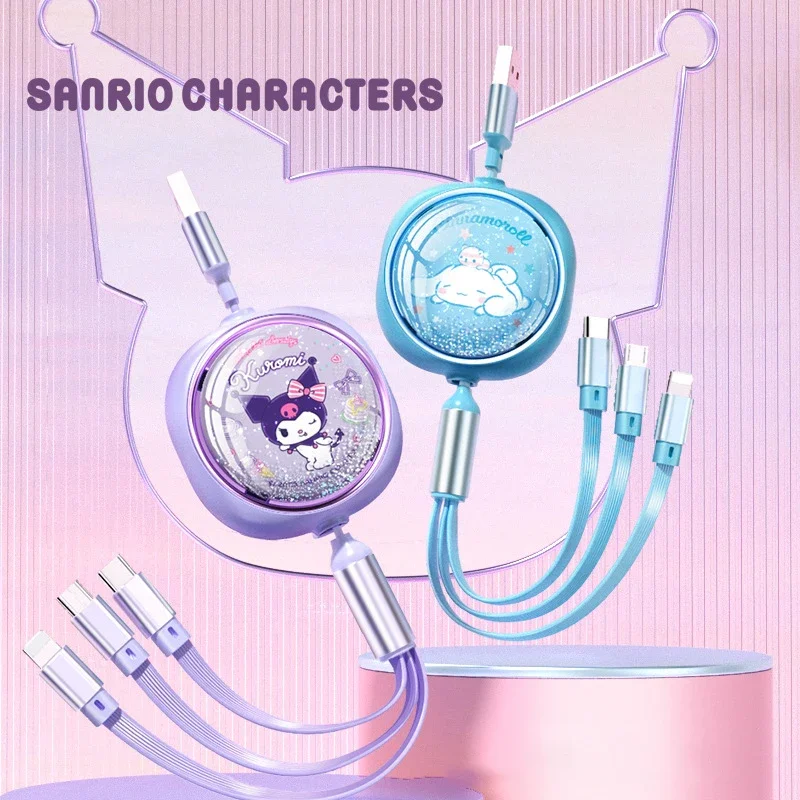 

3 in 1 Sanrio Hello Kitty Kuromi Fast Charging Cable Data Cable Anime Cartoon USB Cord Telescopic for Android Iphone Data Line