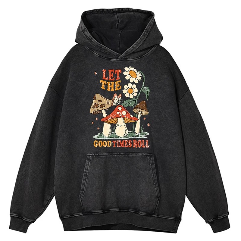 thumbnail image 1 of Sudadera con capucha para hombre estilo hip hop, 100 % algodón, de gran tamaño, holgada, con estampado retro desgastado, Let The Good Times Roll Mushroom Flower, 1 of 4