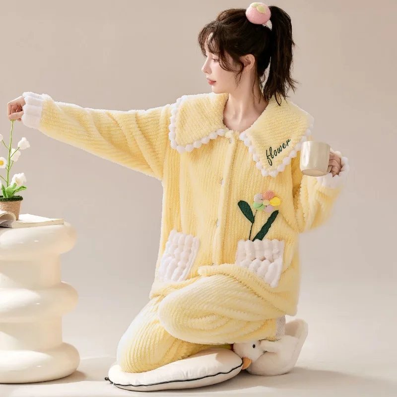2024 New Women's Pyjama Sweet Pocket Flower Sleepwear Suit Girls Fall Winter Loungewear Flannel Casual Pajamas Two Pieces Set