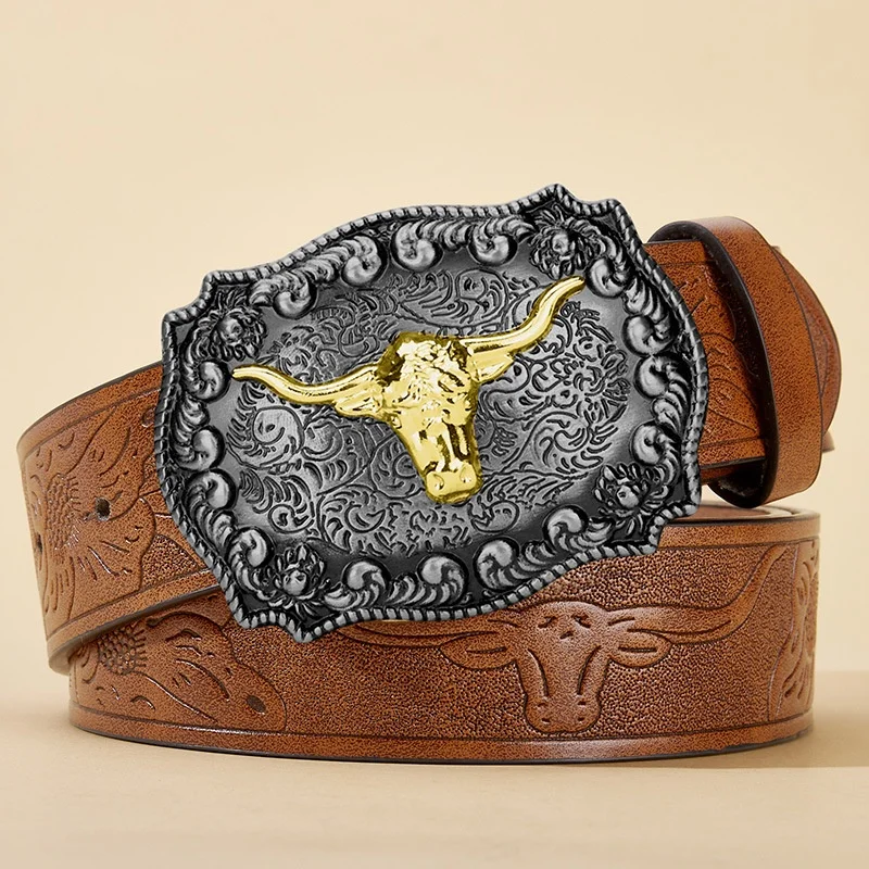 Damen-Cowboy-Gürtel, Western-Leder-Schnallengürtel, Cowboy-Longhorn-Bullenmuster-Schnallengürtel, floral gravierter Schnallengürtel für Herren – Detail 15