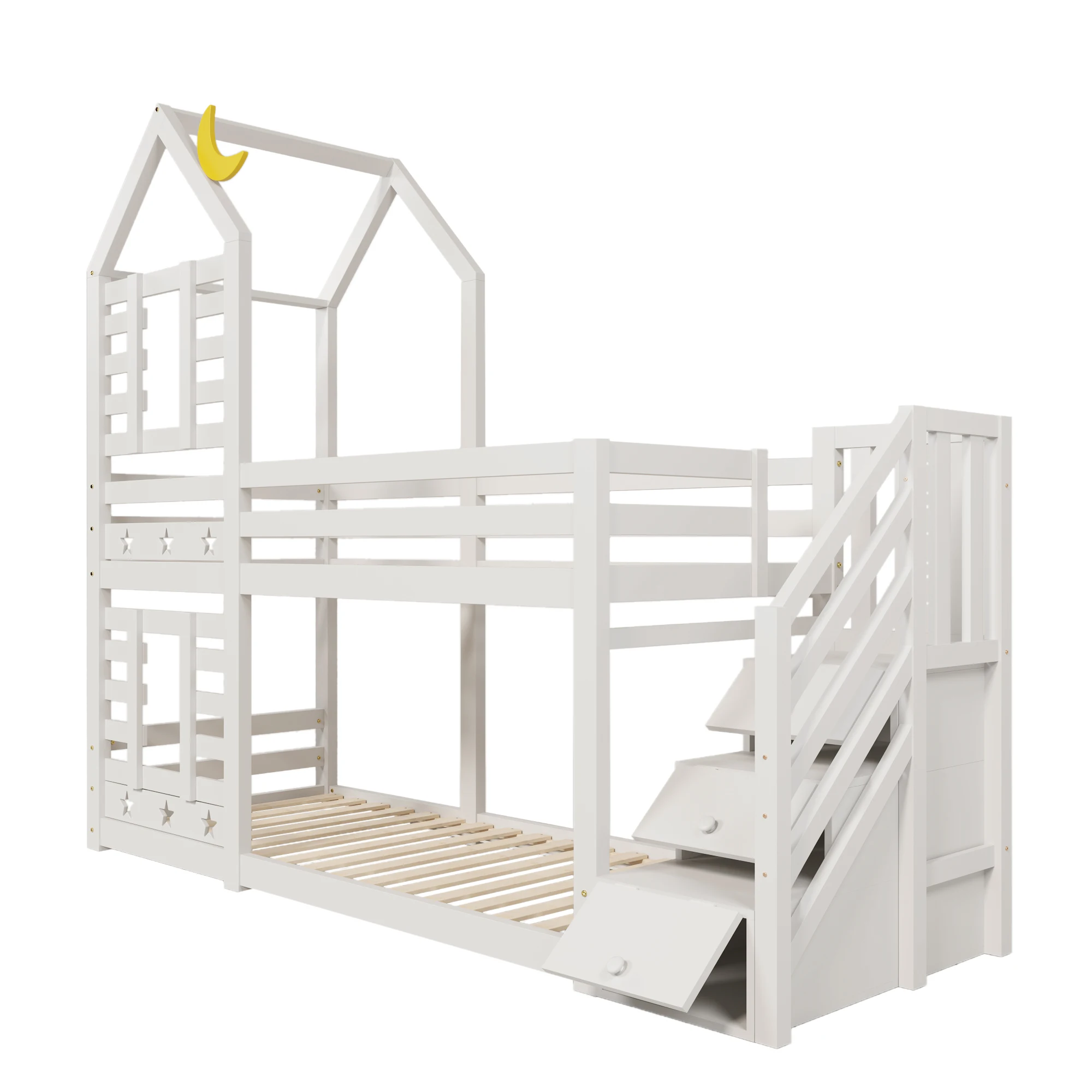 Kinderbett, Etagenbett Baumhaus mit Schubladen und Absturzsicherung 90 x 200 cm, Hochbett für Kinder – 2x Lattenrost – weiß – Detail 18