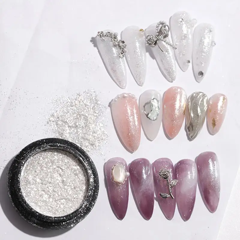 White Chrome Pearl Mirror Mermaid Aurora Powder Nail Shimmer Glitter Pink White Gold Silver Pigment Nail Art Design Wedding