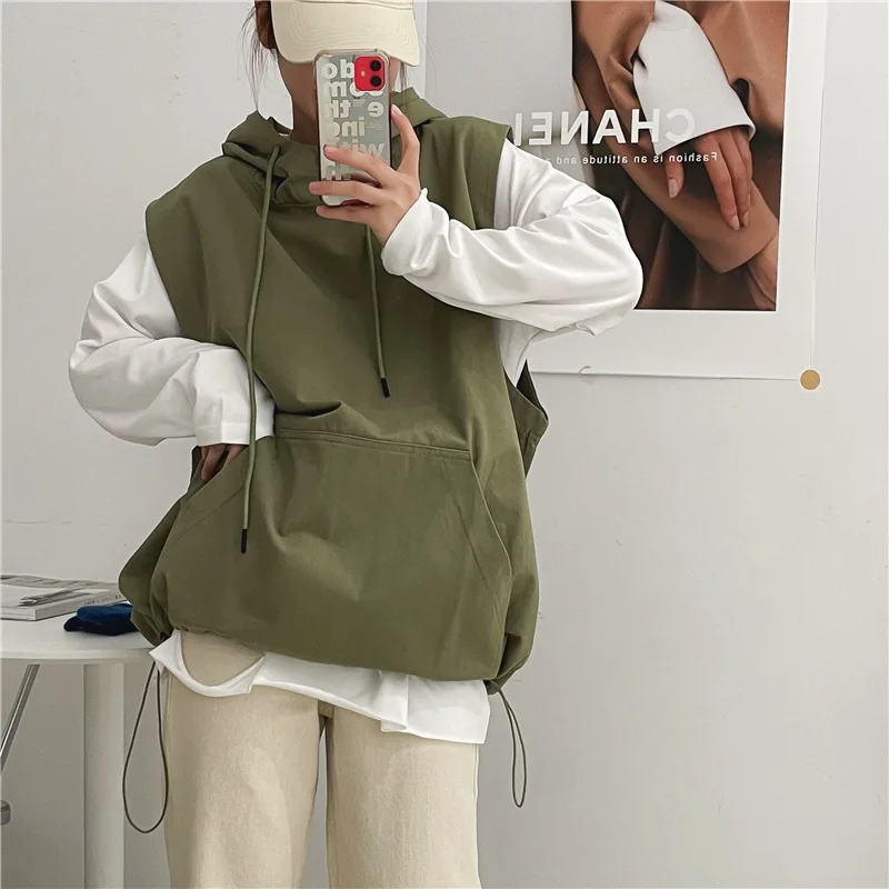 down parka Vest women's outer wear loose new casual hooded drawstring loose vest women's Korean version slim sleeveless vest goose down coat Coats & Jackets