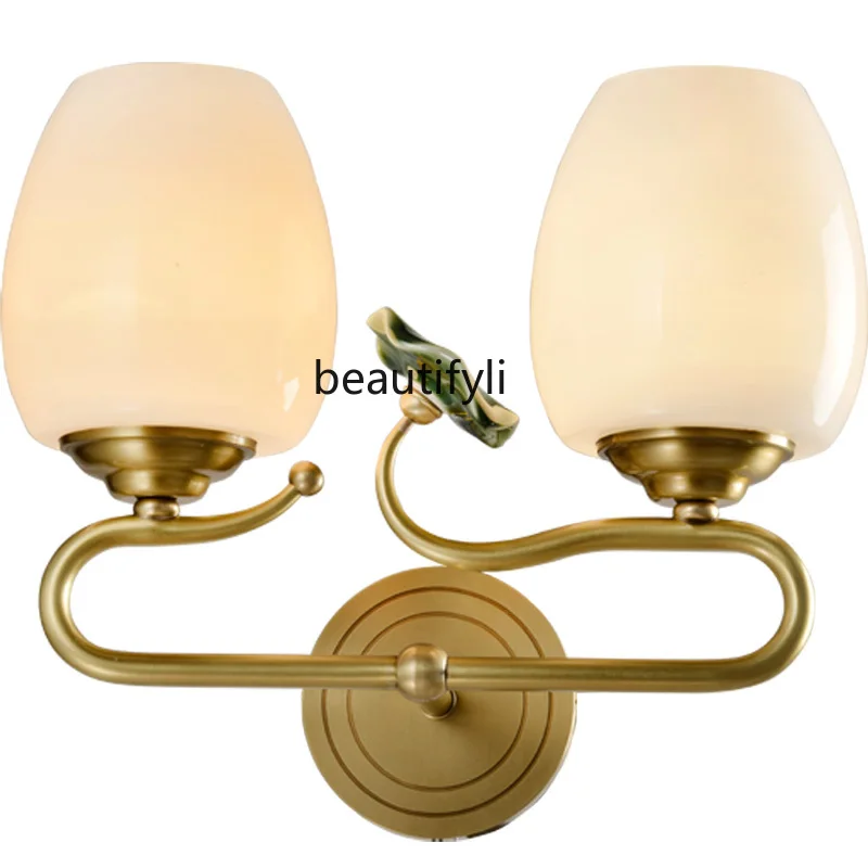 

yj New Chinese Style Chinese Style Wall Light Bulb Copper Bedside Lamp Vintage Lotus Wall Lamp