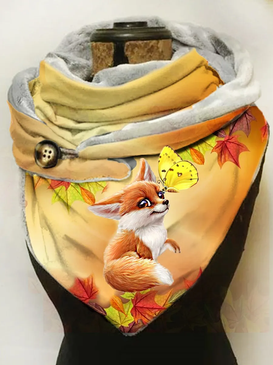 

Pdmcms Women's Shawl Watercolor Fox Maple Leaf Owls Gnome Christmas Cat Thermal Fleece Squirrel Print Casual Scarf For winter