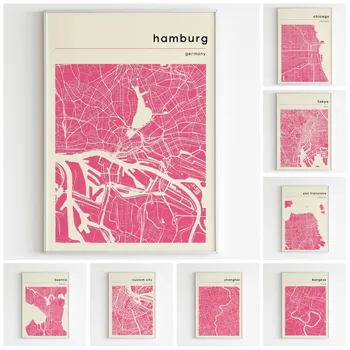 Mappe della città poster e stampe rosa bianco Bangkok Hamburg Chicago San Francisco Tokyo Canvas Painting Dorm Office Home Decor