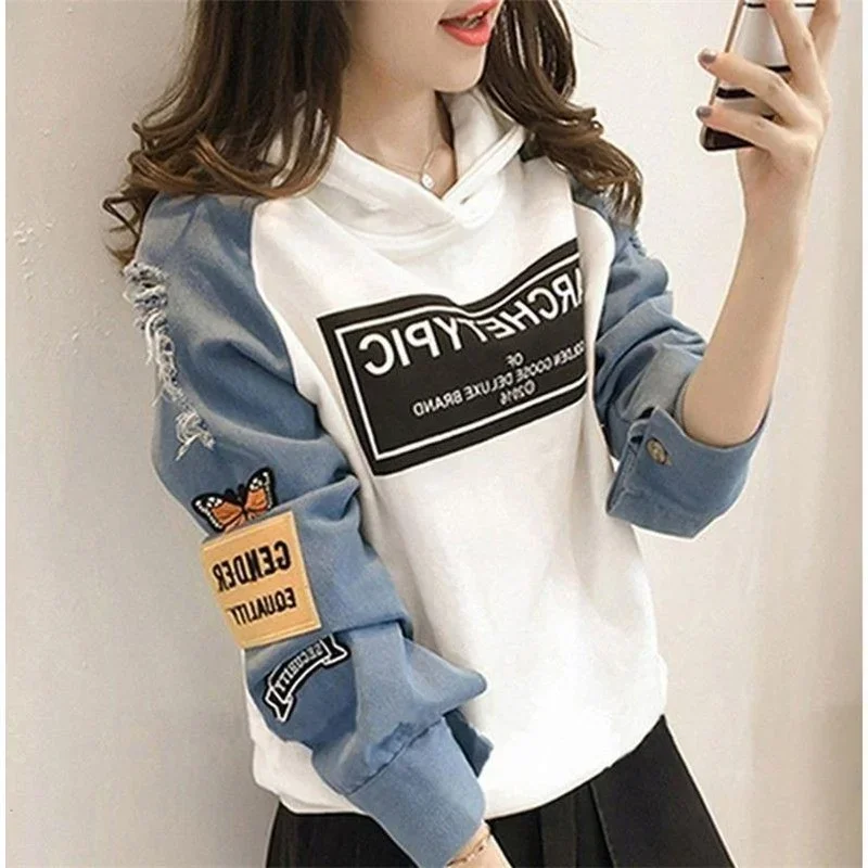 2024 Harajuku Female Sweatshirt Women Letter Print Patch Hoodies Autumn New Hole Long Sleeve Drawstring Splice Hooded Pullovers