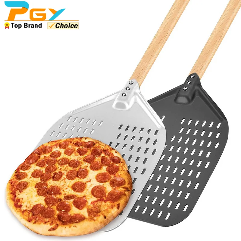 Square Oven Aluminum Pizza Peel 12/14 inch Long Handle Perforated Turning Pizza Paddle for Baking Homemade Pizza Bread Tools