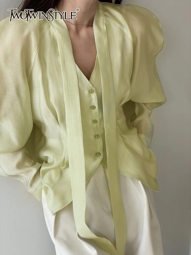 

TWOTWINSTYLE Solid Temperament Shirts For Women V Neck Long Sleeve Patchwork Button Casual Loose Blouse Female Fashion Clothing