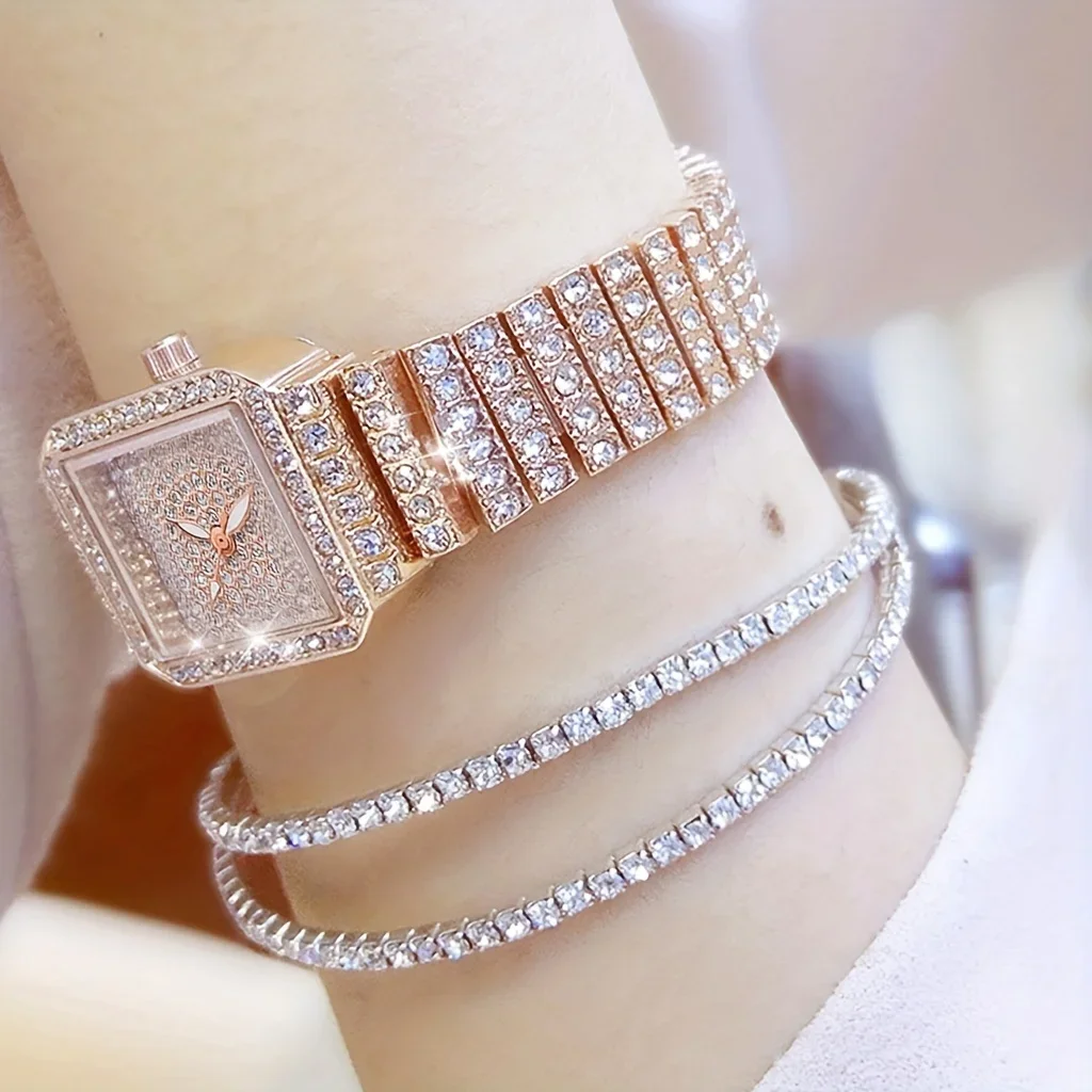 3pcs/set Ladies Watch Luxury Women Watch Crystal Rhinestone Watches Quartz Stainless Steel Strap Wristwatch Square Dial Wrist 2