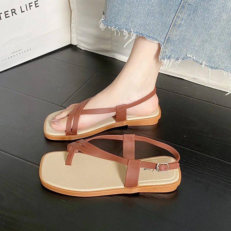 New Women's Summer Outdoor Wear French Elegant Flat Bottom Sandals High Quality PVC Material Adults Roman Slippers