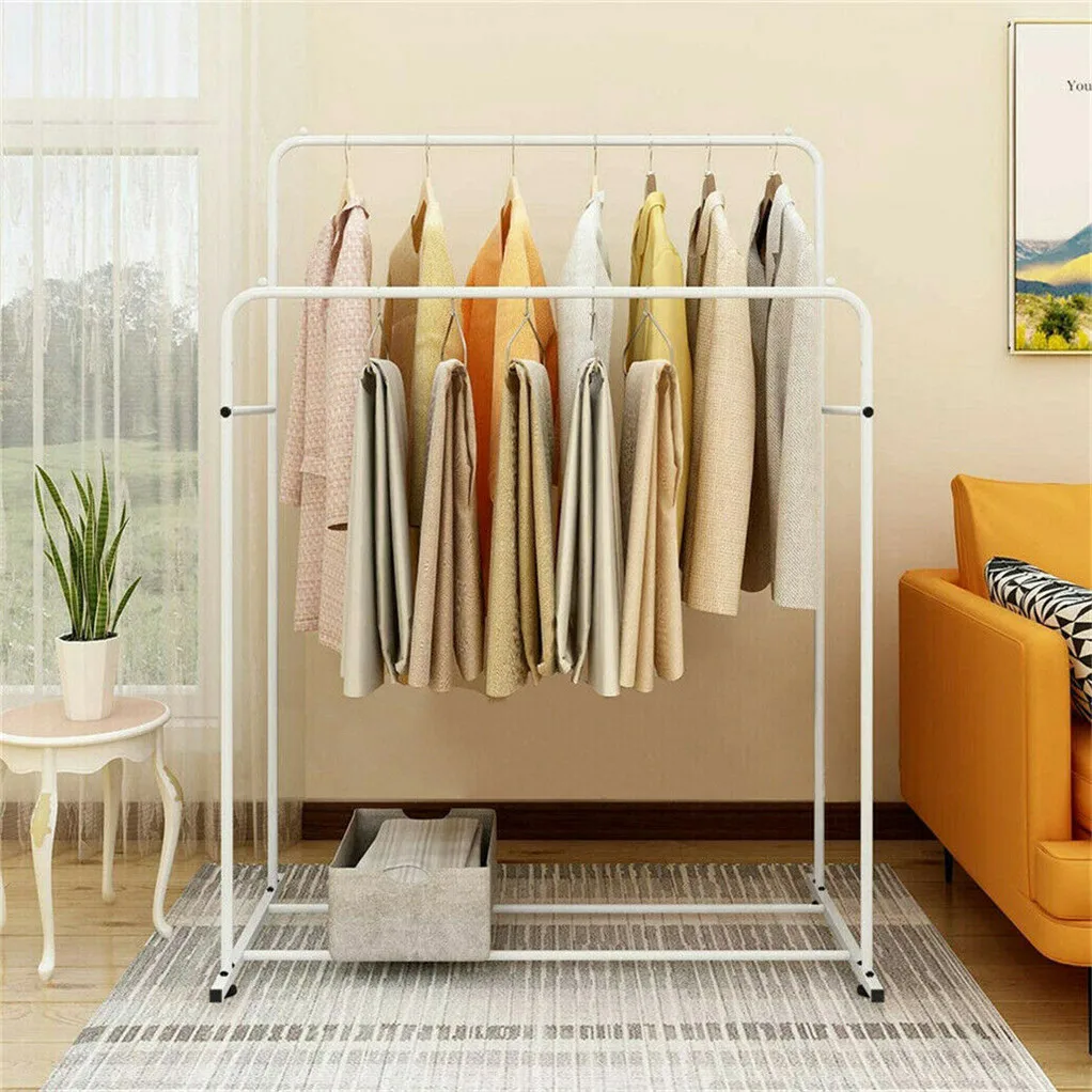 Clothing Garment Rack Stand with Wheel and Storage Two Top Rod Clothes Hanger Clothes Rack Storage Hanger Coat Organizer