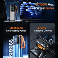 PD100W 20000mAh Power Bank Fast Charging, Metal Shell TFT Screen, Built-in Type-C Cable, LED Flashlight, PD3.0 for Laptop Phone - Image 4