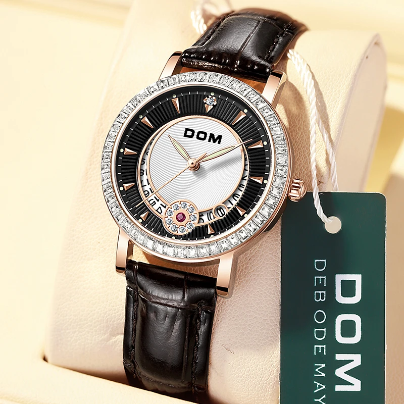 

DOM 1755 Роскошный Бриллиантовый черный браслет Кварцевые часы для женщин кожаные женские спортивные наручные часы женские часы