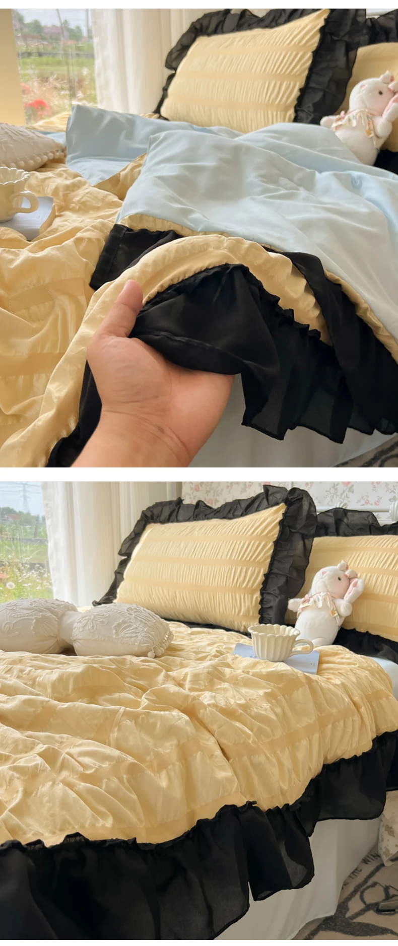 91 Home Textiles Network, the first-hand source of home textiles, looking for Home Textiles (Total) Ziqin 2025 new seersucker Korean version chiffon lace single summer quilt four-piece set