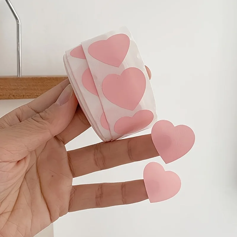 Enchanting Pink Heart Stickers - 500pcs/Roll Self-Adhesive Labels for Wedding and Gift Decoration