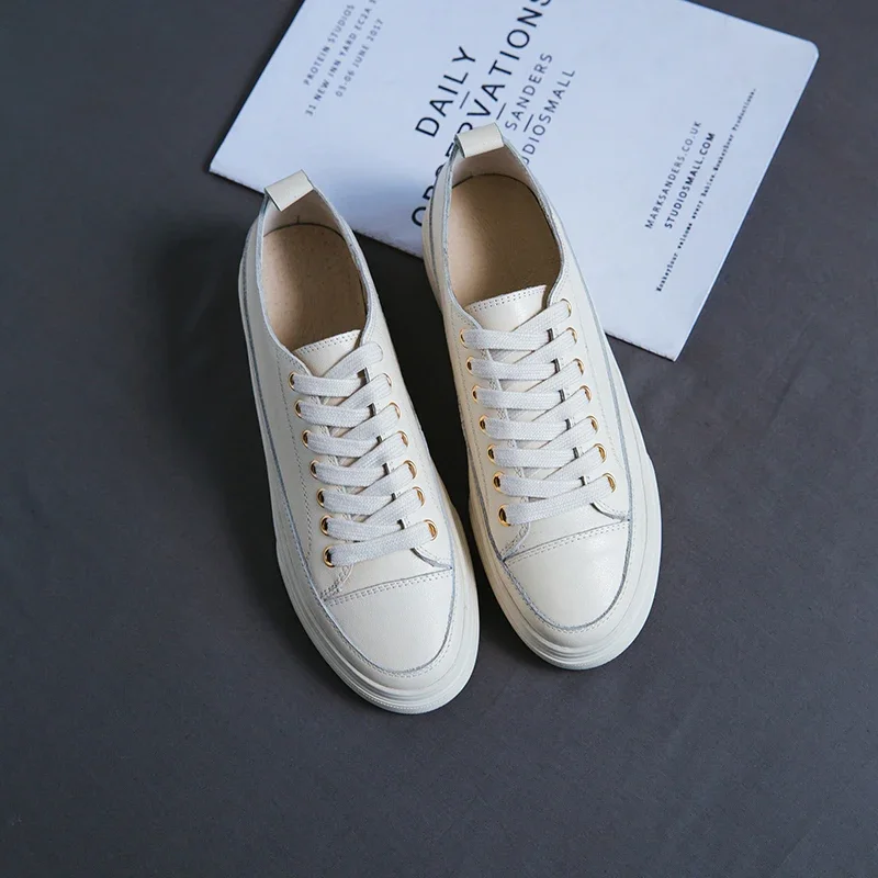 VANGULL Genuine Leather shoes autumn cow leather flat bottom loafers white shoes ladie sneakers Vulcanized