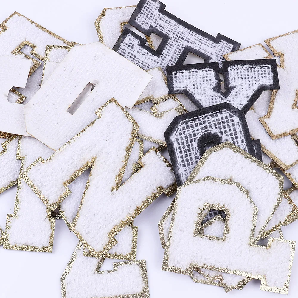 A-Z White Chenille Letter Patches Towel Sequins Clothing Patch Clothes Sew on Applique DIY Garment Hat Decor